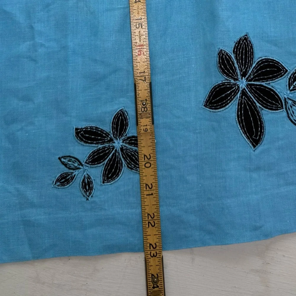 Madison Studio Women’s 100% Linen Teal Turquoise Blue Skirt Embroidered Floral